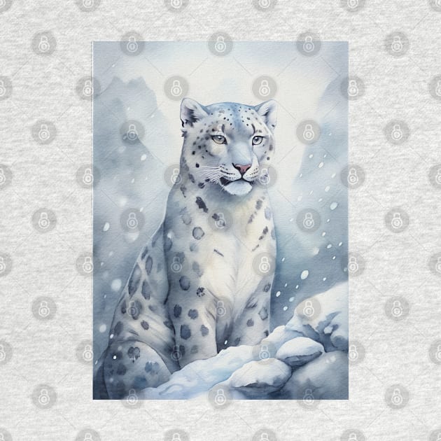 A Proud Snow Leopard Went Hunting, in the Snowy forest, Hight Mountains, Snow Falling, Winter Landscape, Wildlife White Panthera, Watercolor Realistic Illustration, Art, Portrait, Poster, Shirt, Christmas Holiday, Birthday gifts, Hunting lover by sofiartmedia